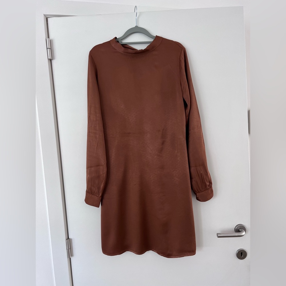 Long sleeve copper formal dress with cowl back with tie